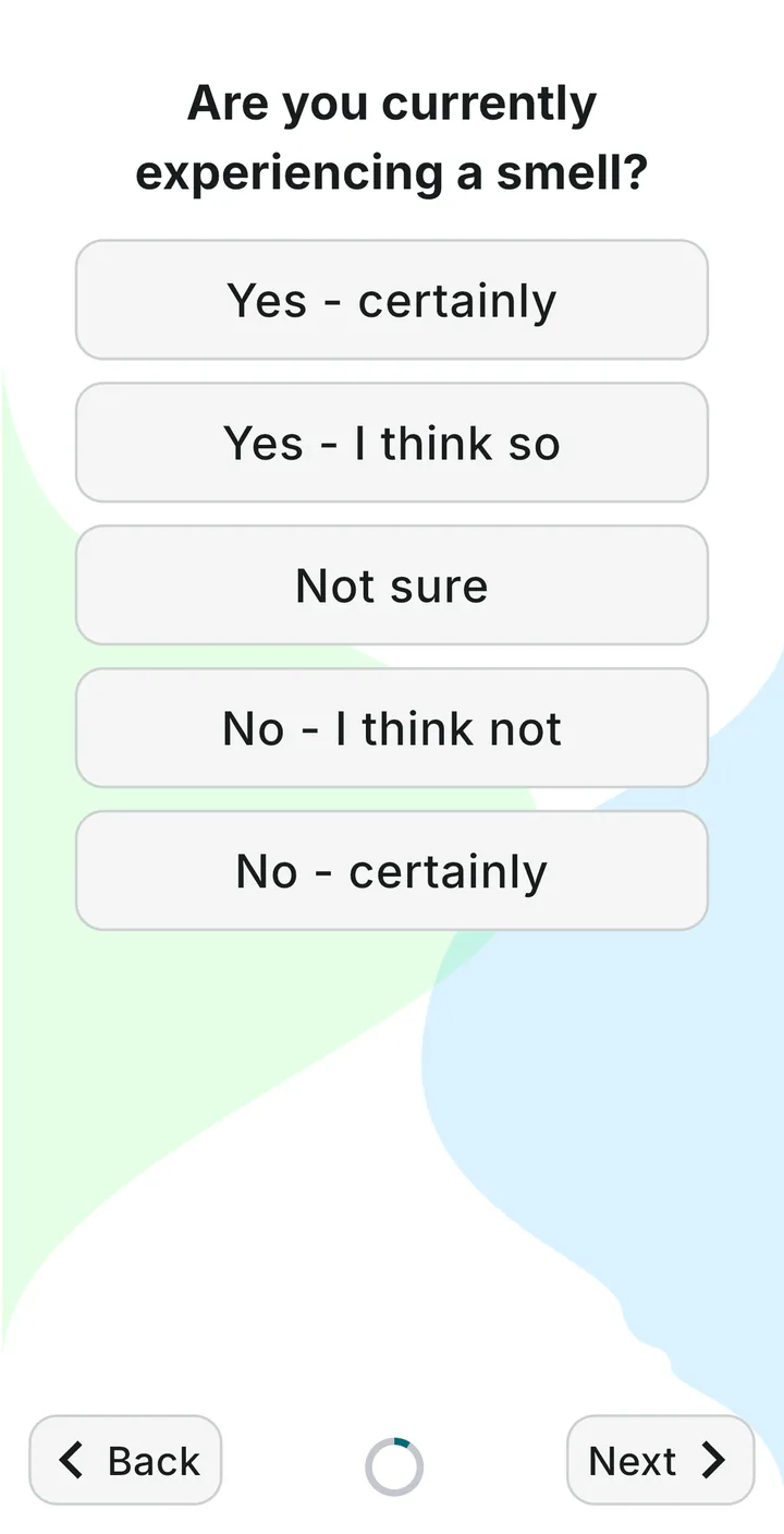 The first question: are you currently experiencing a smell?
