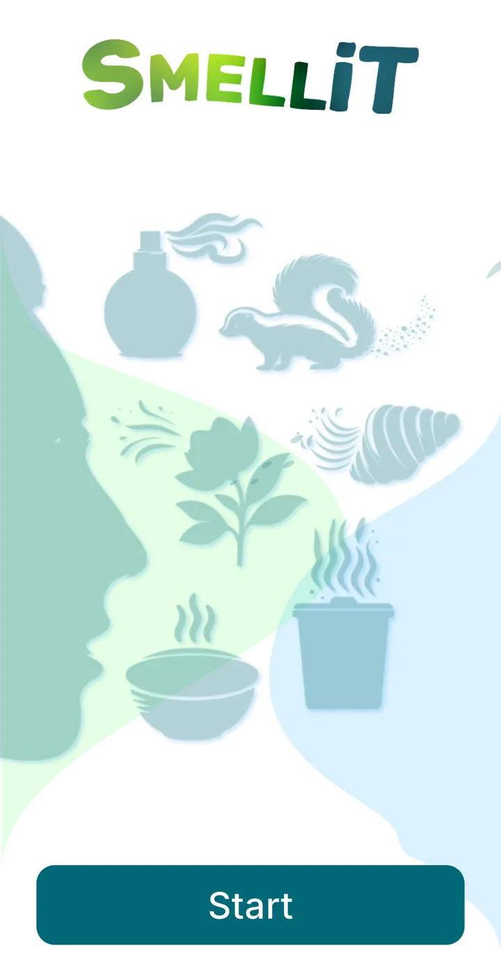SMELLiT start screen with the app logo and an illustration of everyday smells